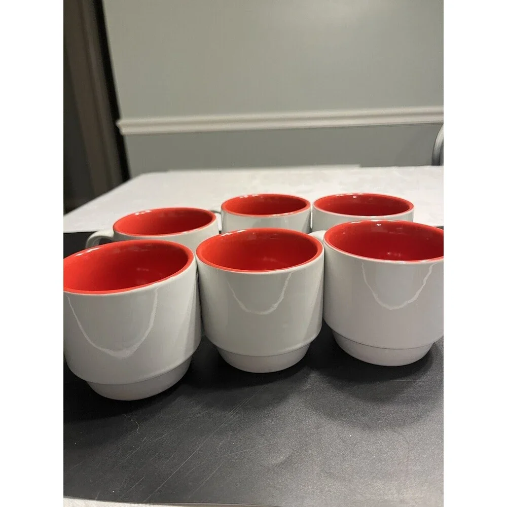 Set of 6 Crate & Barrel Stoneware Red White Stackable Coffee Mug Cups